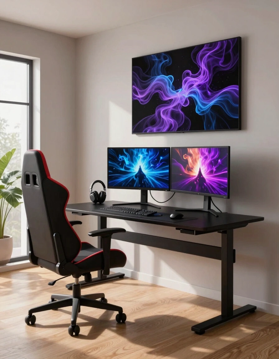 A modern gaming room with a black X-shaped desk, red and black gaming chair, and dual monitors showing game scenes, set against a large abstract art piece.