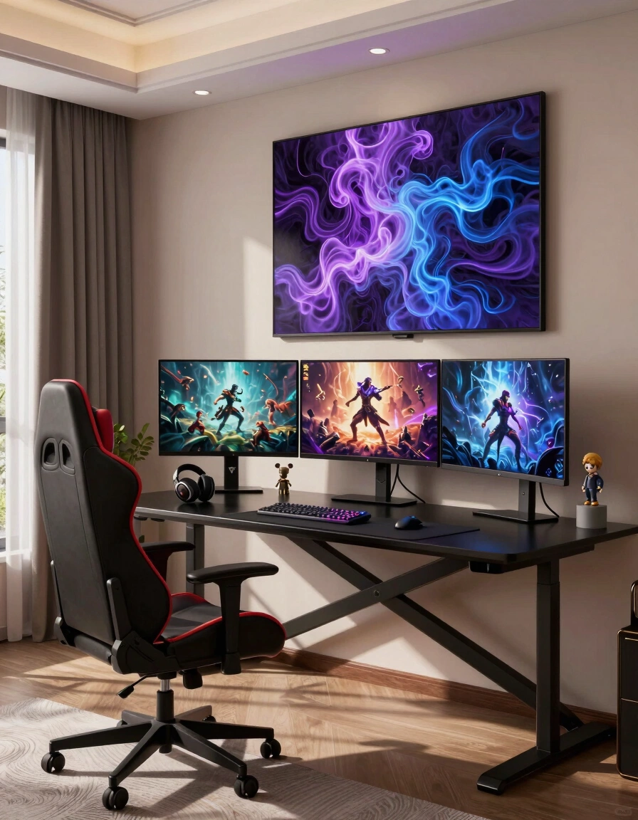 A modern gaming room with a black X-shaped desk, a high-backed gaming chair, and three monitors displaying game scenes, set against a beige wall with abstract art.