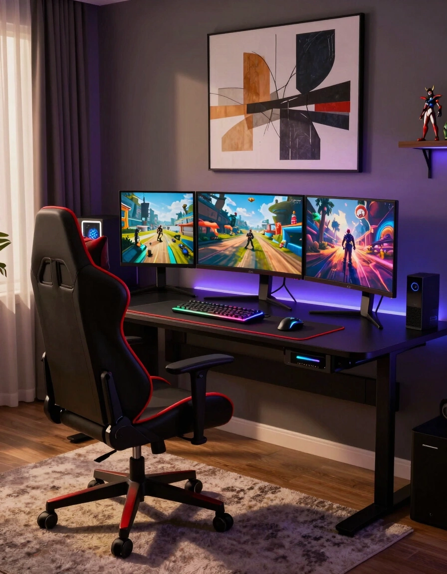 A modern gaming room with a black desk, red-accented gaming chair, and three monitors.