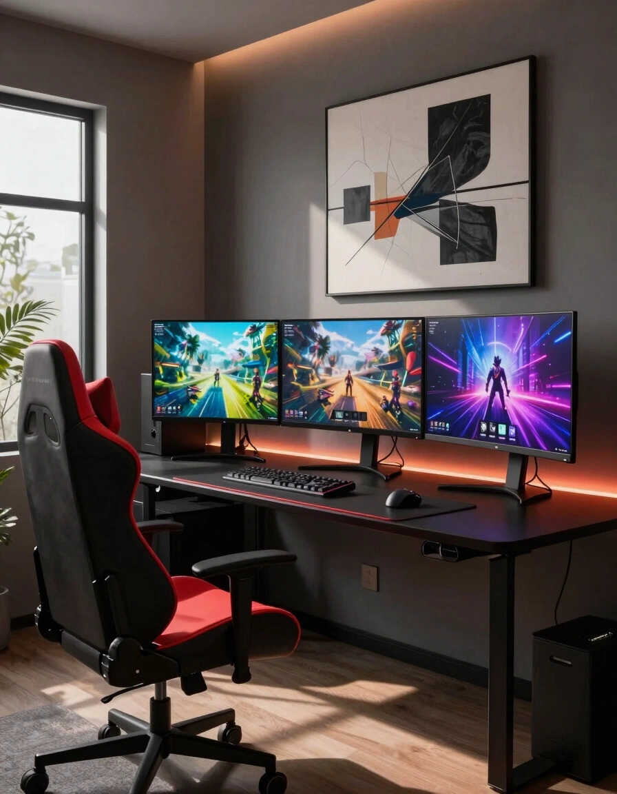 A modern gaming room with a black desk, red gaming chair, and three monitors showing gaming scenes, set against a large abstract art piece.