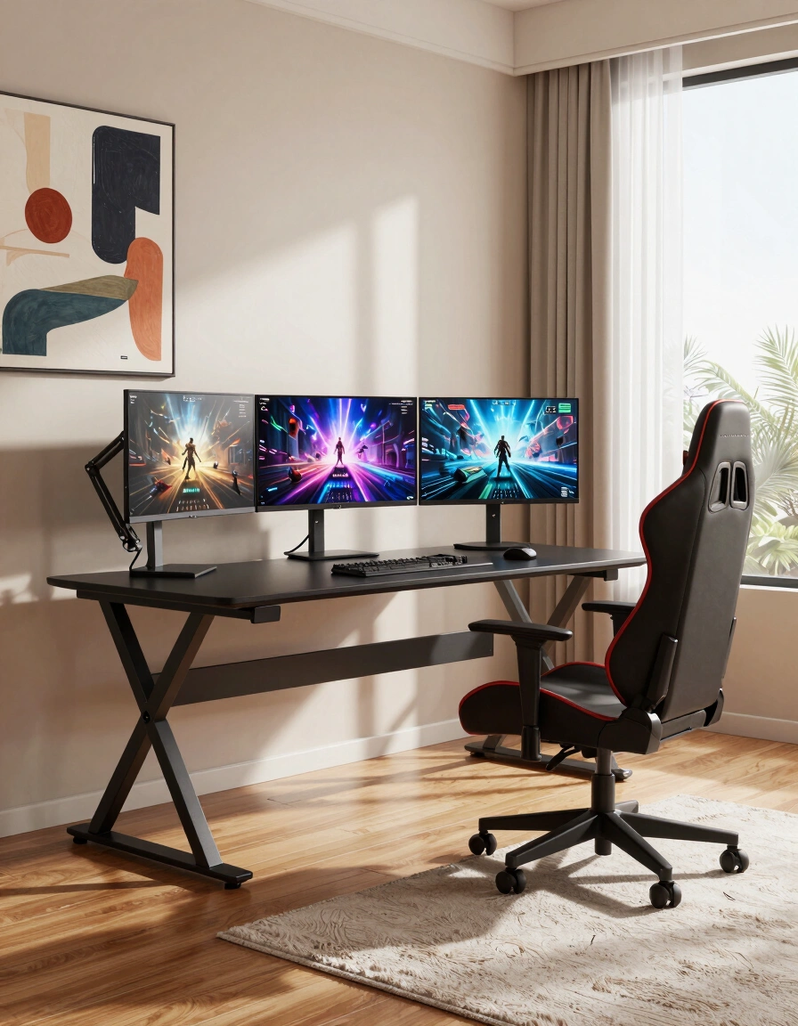 A modern gaming room with a black X-shaped desk, red-accented gaming chair, and three monitors displaying futuristic game scenes.