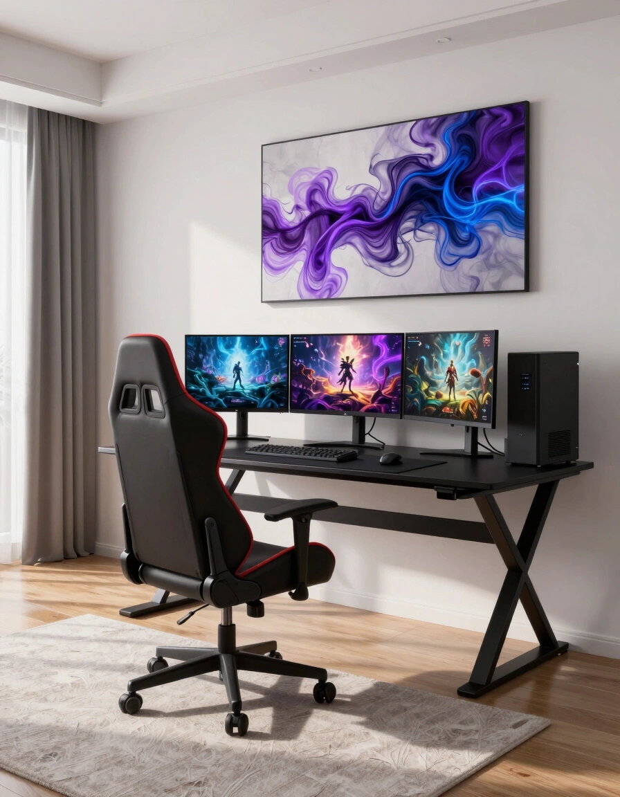 A modern gaming room with a black X-shaped desk, red and black gaming chair, and three monitors displaying fantasy video game scenes.