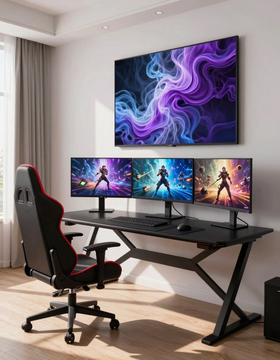 A modern gaming room with a black X-shaped desk, black gaming chair with red trim, and three monitors on a white wall with abstract art.