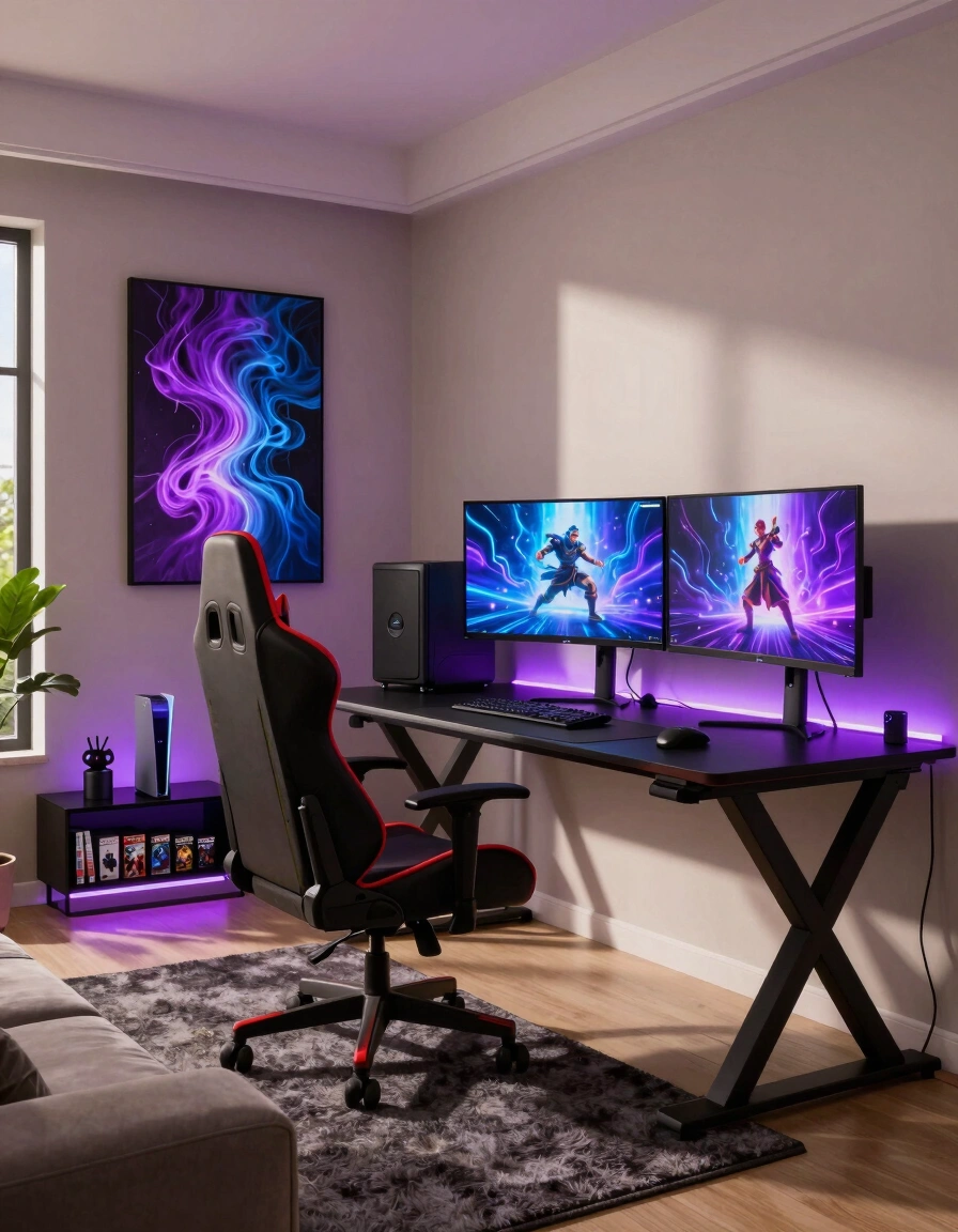 A modern gaming room with a black X-shaped desk, red and black gaming chair, and three monitors displaying dynamic game scenes.