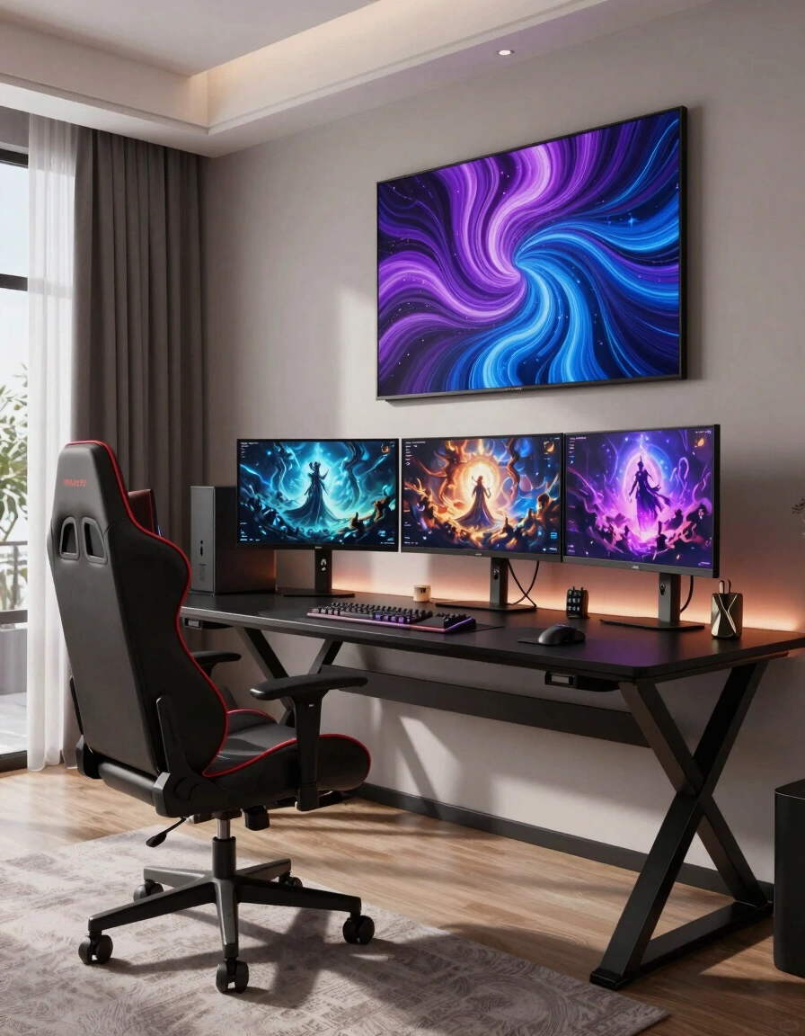 A modern gaming room with a black X-shaped desk, red-accented gaming chair, and three monitors showing fantasy graphics.