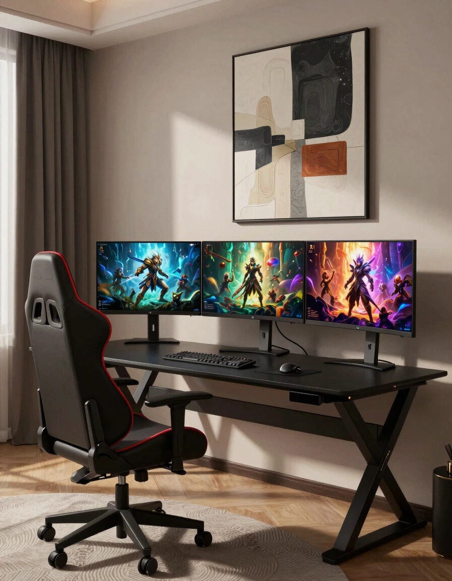 A modern gaming room with a black X-shaped desk, three monitors, a red-accented gaming chair, and abstract wall art.