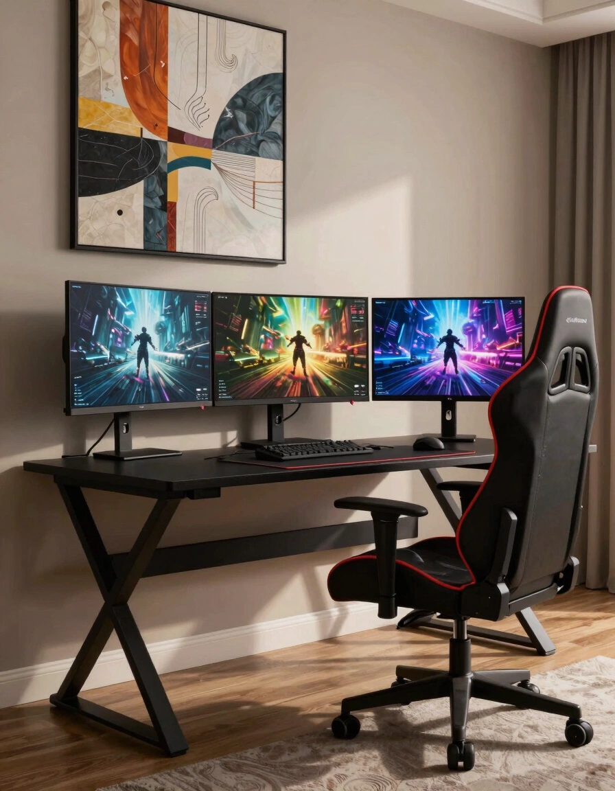 A modern gaming room with a black desk, red-accented gaming chair, and three monitors displaying gaming scenes, set against a neutral wall with abstract art.