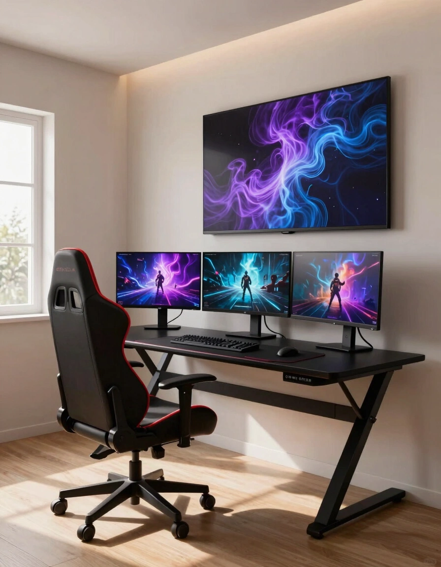 A modern gaming room with a black X-shaped desk, a black gaming chair with red accents, and three monitors showing futuristic game scenes, complemented by abstract wall art and natural lighting.