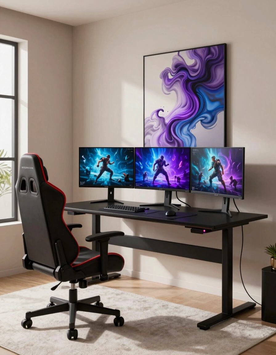 A modern gaming room with a black desk, three monitors, and a high-backed gaming chair on a white rug.