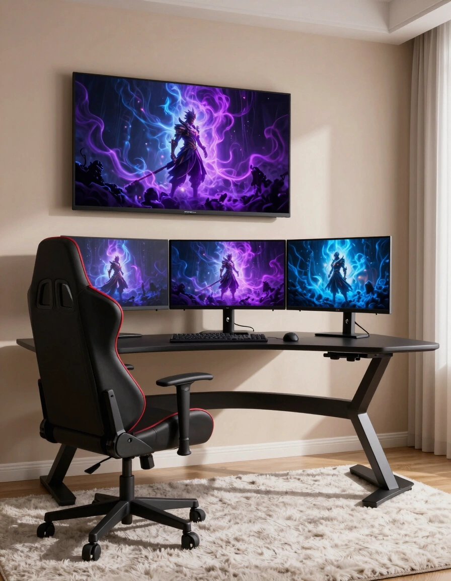 A modern gaming room with a black desk, gaming chair, and three monitors on a white rug against a beige wall.