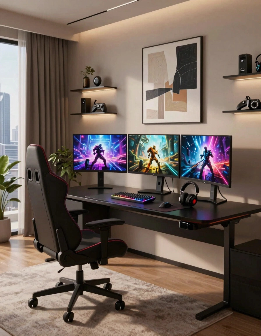 A modern gaming room with a black desk, gaming chair, and triple monitors displaying gaming scenes, set against a beige wall with abstract art.
