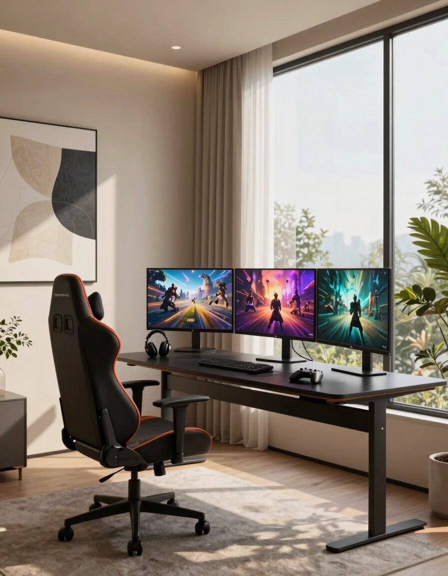 A modern gaming room with a black desk, gaming chair, and three monitors displaying gaming scenes, set against a beige wall with abstract art.