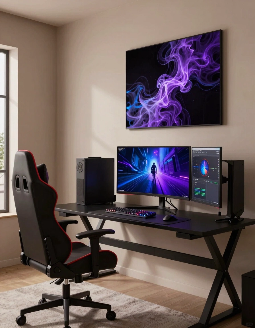 A modern gaming setup with a black X-shaped desk, dual monitors, and a high-backed gaming chair, set against a neutral beige wall with a large abstract art piece.