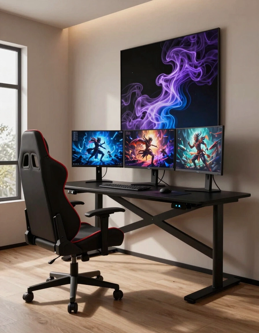 A modern gaming room with a black X-shaped desk, a high-backed gaming chair, and three monitors displaying gaming content, set against a large abstract art piece and beige walls.