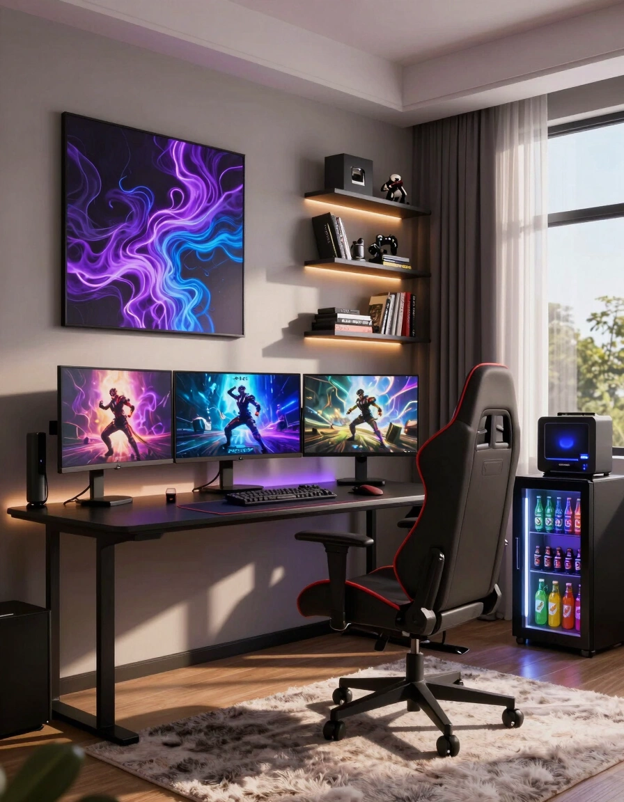 A modern gaming room with a black desk, red-accented gaming chair, and abstract art on a neutral wall, featuring three monitors with vibrant gaming scenes.