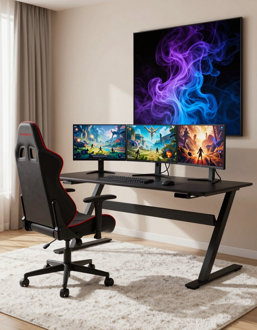 A modern gaming room with a black X-leg desk, red-accented gaming chair, and three monitors displaying fantasy games, set against a large abstract art piece and minimalist beige walls.