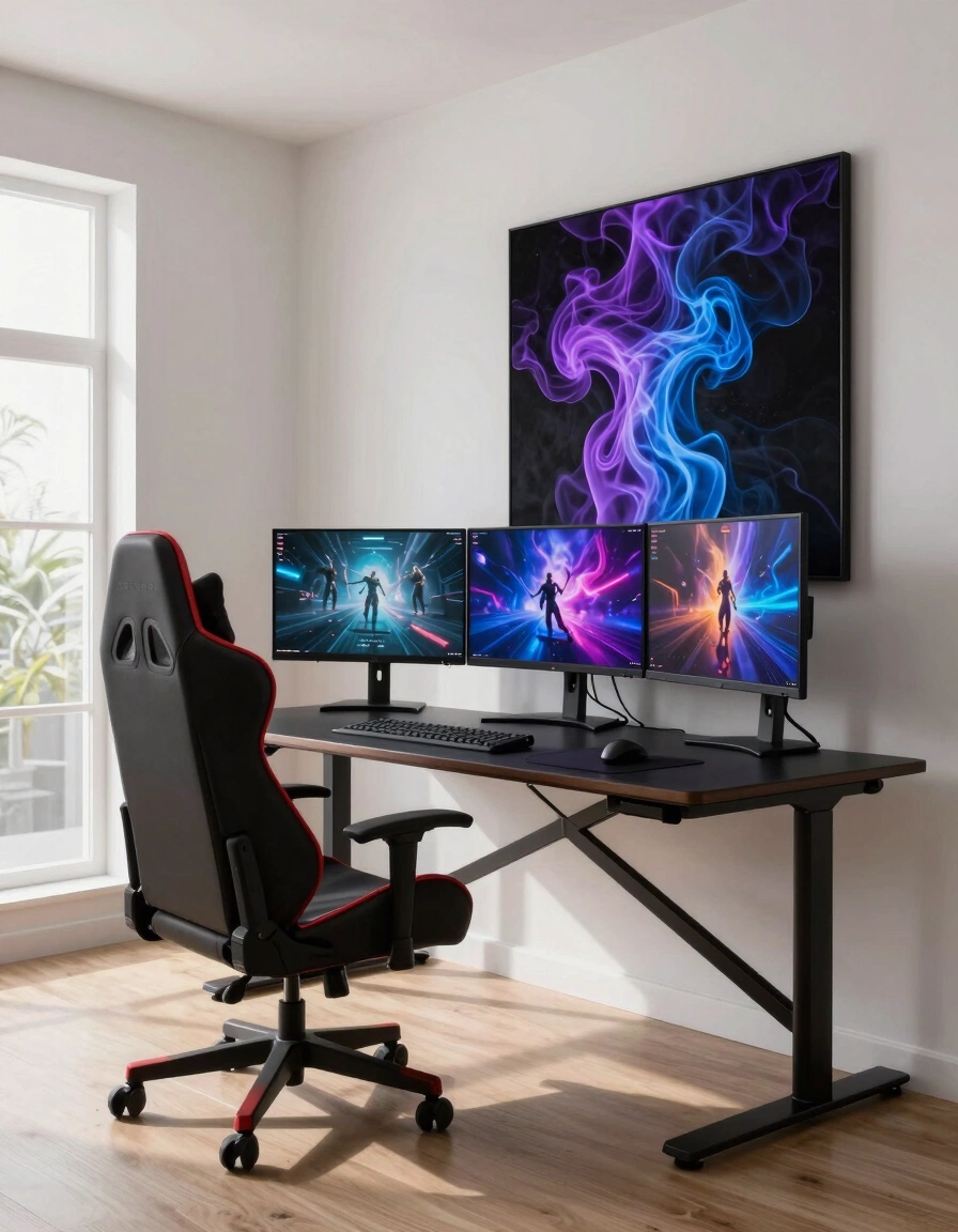 A modern gaming room with a black X-leg desk, red-accented gaming chair, and triple-monitor setup, surrounded by minimalist decor and abstract art.