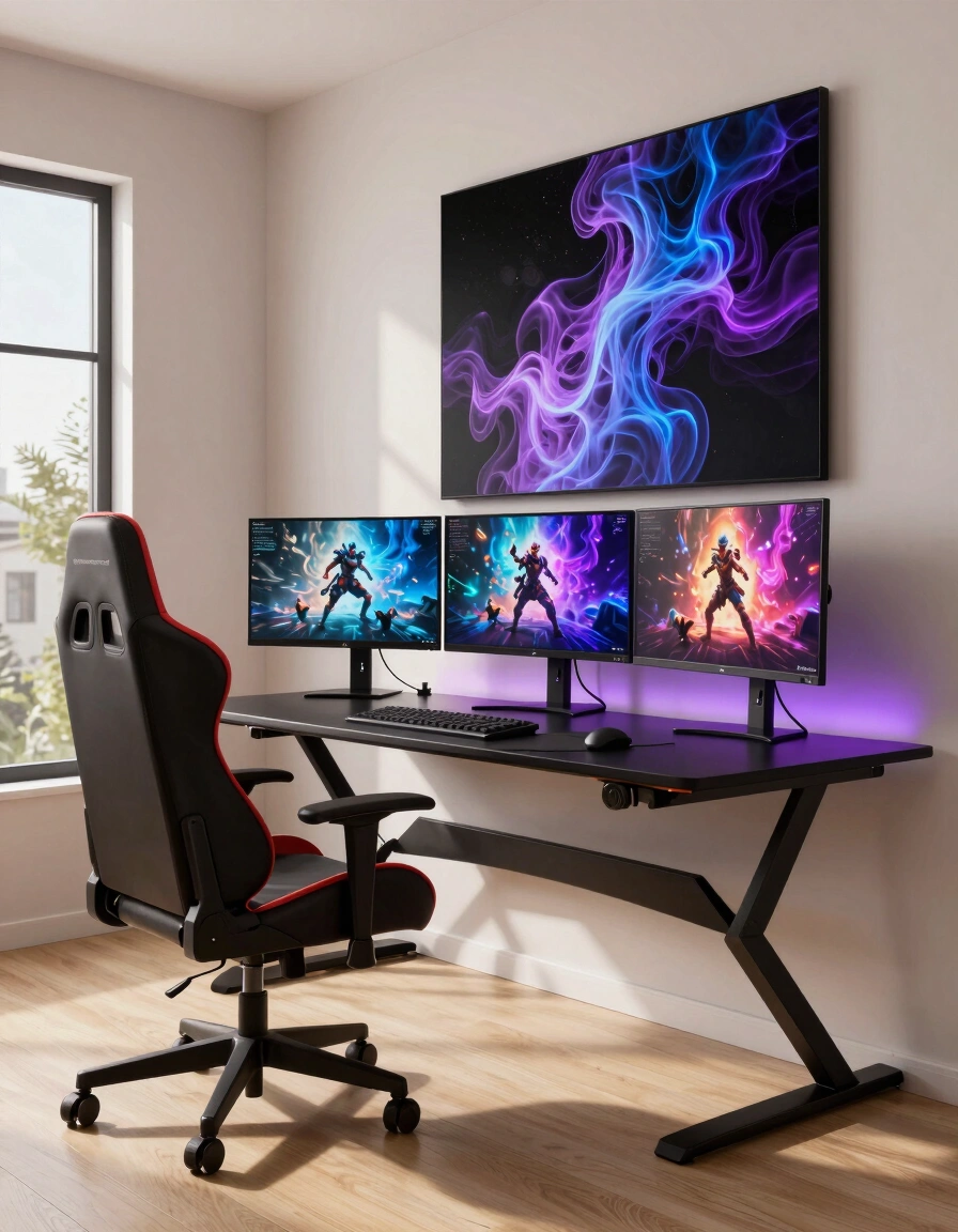 A modern gaming room with a black X-shaped desk, red and black gaming chair, and three monitors showing game scenes.