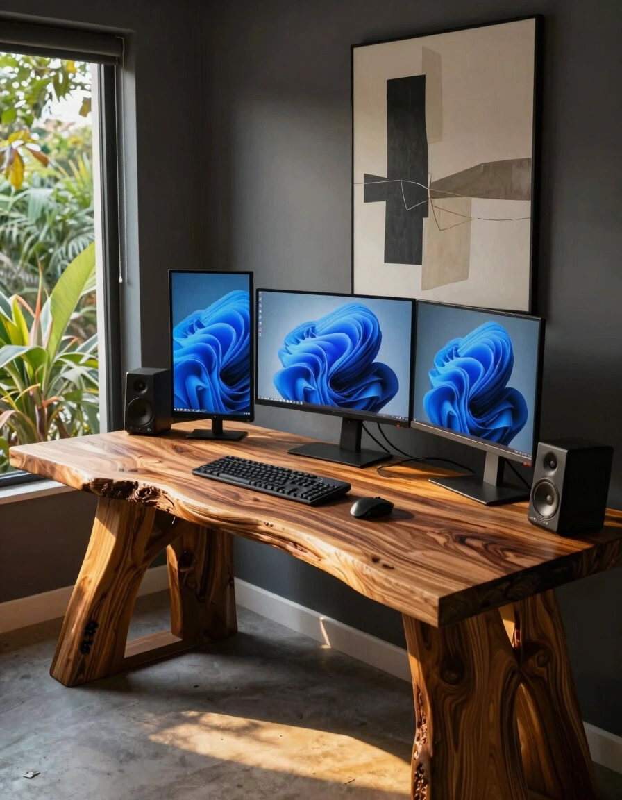 A modern home office with a distinctive live-edge wooden desk and a dark gray wall featuring abstract art, alongside a window with a natural view.
