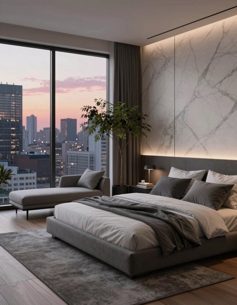 A modern bedroom with a gray bed, marble wall, and city view at sunset