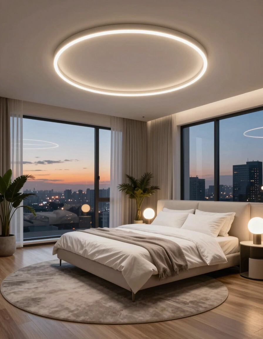 A modern bedroom with a large circular light on the ceiling, a minimalist bed, and floor-to-ceiling windows with a city view at dusk.