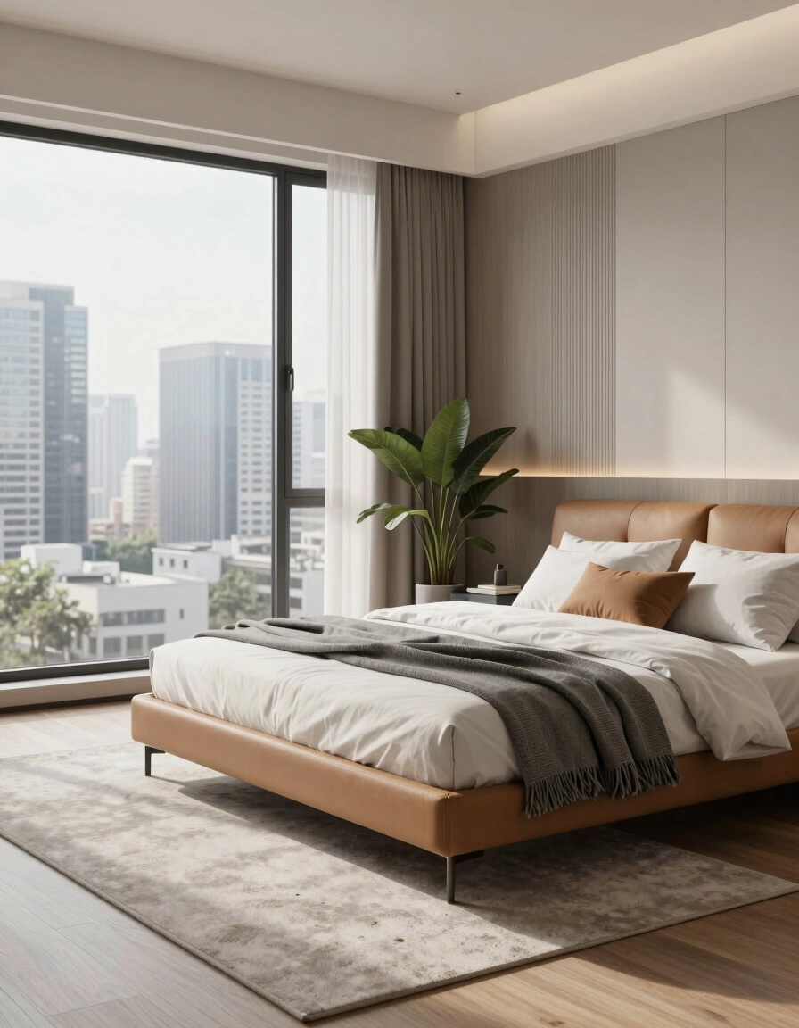 A modern bedroom with a large window, tan leather bed frame, white bedding, and a gray throw blanket, set against a cityscape backdrop with tall buildings and skyscrapers.