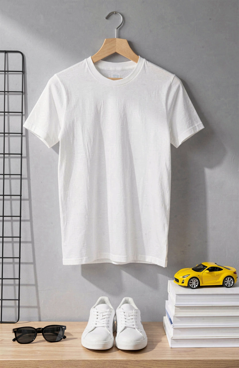 A white t-shirt hangs on a wooden hanger against a gray wall, paired with white sneakers, a yellow toy car on books, and black sunglasses, embodying modern minimalist style.