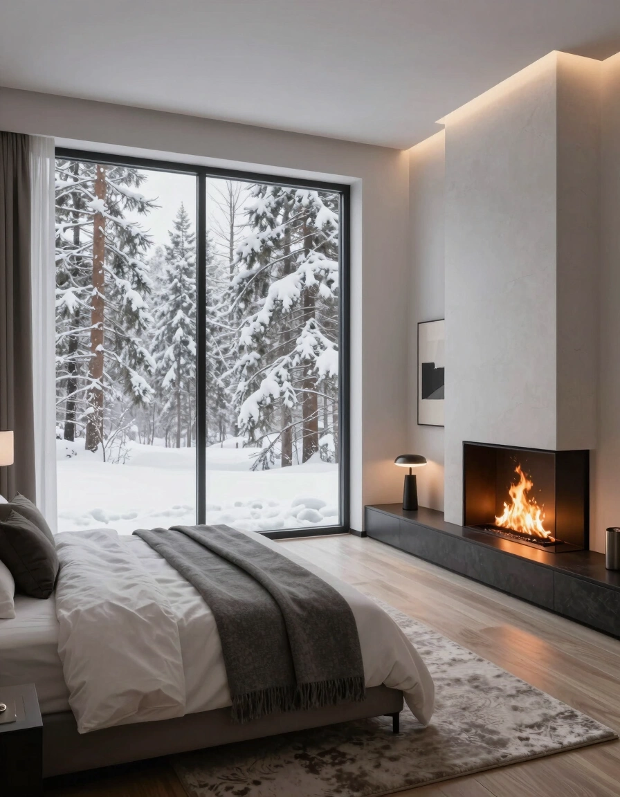 A modern bedroom with a large window showing a snowy forest, a minimalist bed, and a lit fireplace.