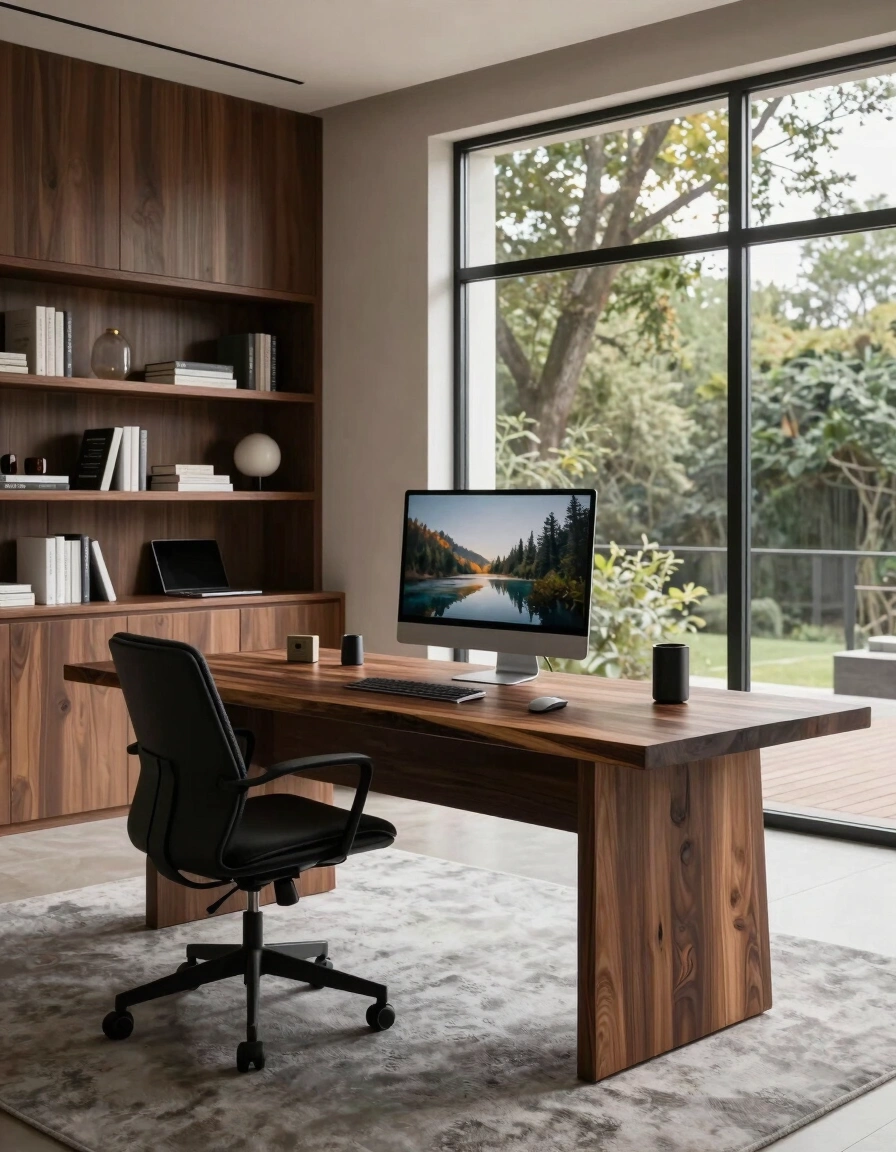 A modern home office with a wooden desk, black office chair, and large window overlooking trees and a deck.