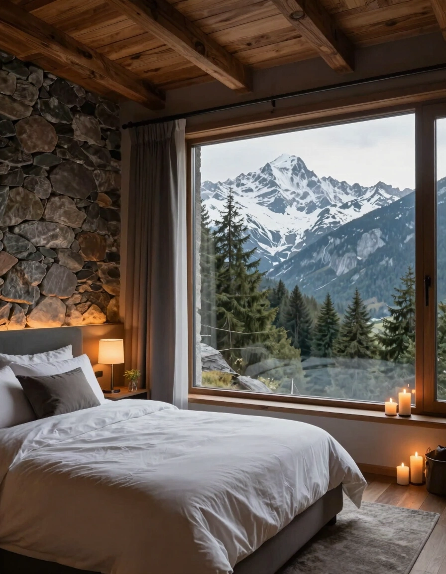 A serene mountain retreat bedroom with a large window, stone accent wall, and cozy bed, surrounded by snow-capped mountains and evergreen trees.