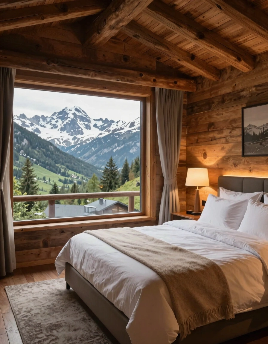 A peaceful bedroom with a large window offering a majestic mountain view, surrounded by warm wood paneling and comfortable furnishings.
