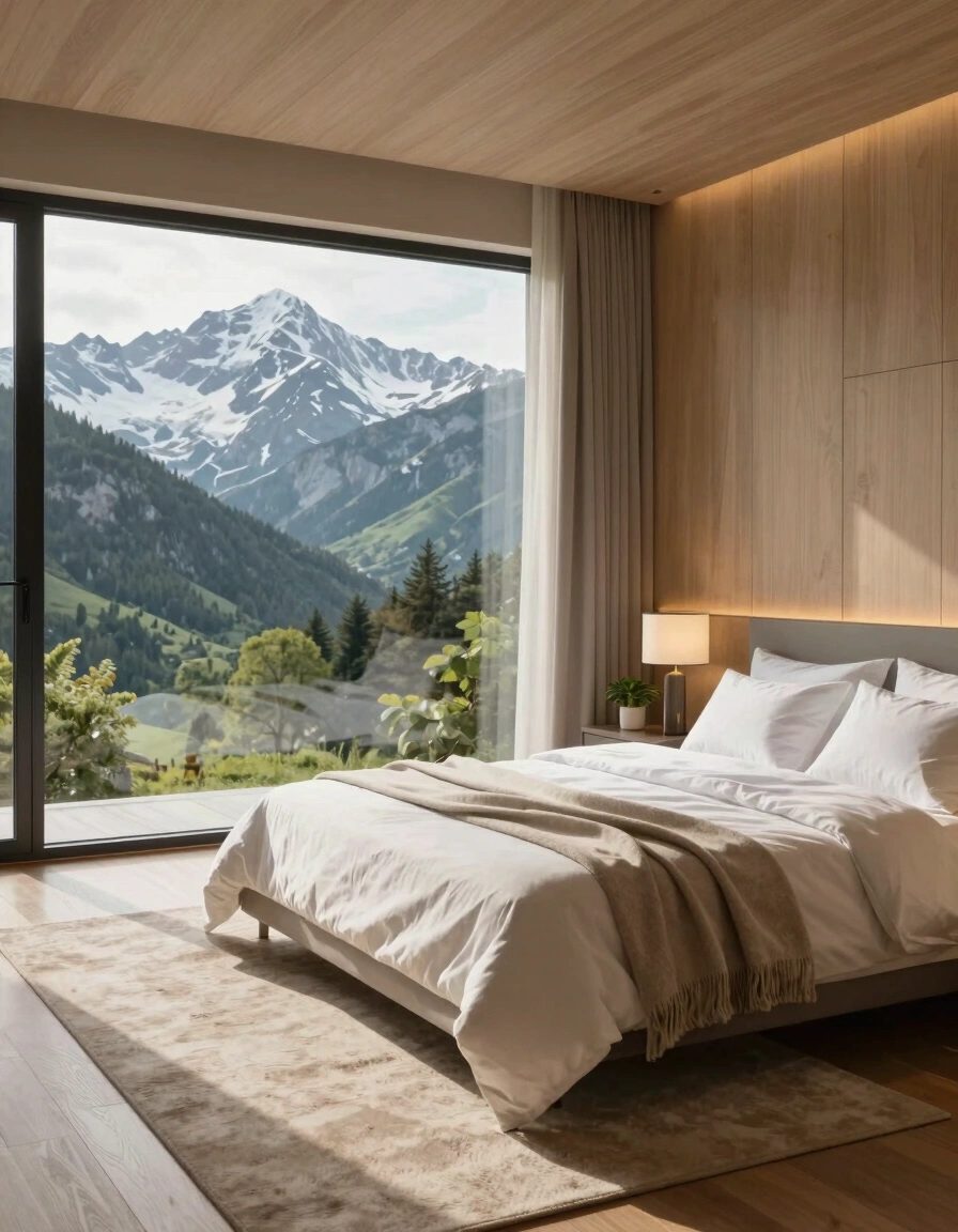 A serene bedroom with a large window showing snow-capped mountains and greenery, light wood paneling, and a minimalist bed with white linens and beige throw blanket.