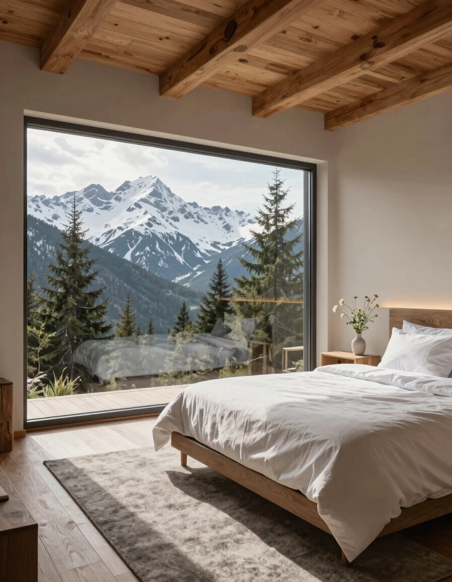 A peaceful mountain lodge bedroom with a large window, minimalist decor, and a stunning view of snow-covered mountains and trees.