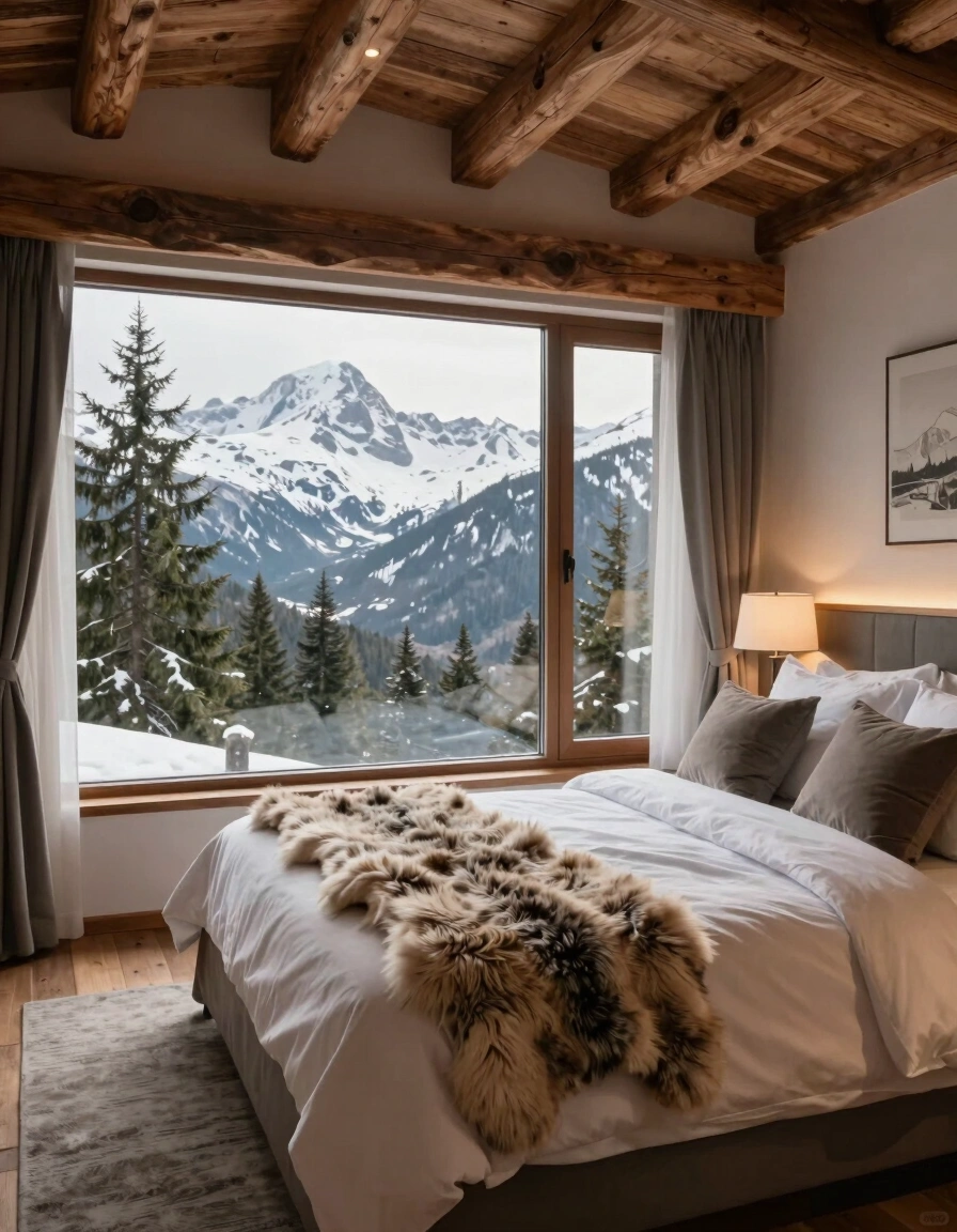 A serene mountain retreat bedroom with a large window, comfortable bed, and wooden ceiling beams, offering a stunning view of snow-capped mountains and evergreen trees.