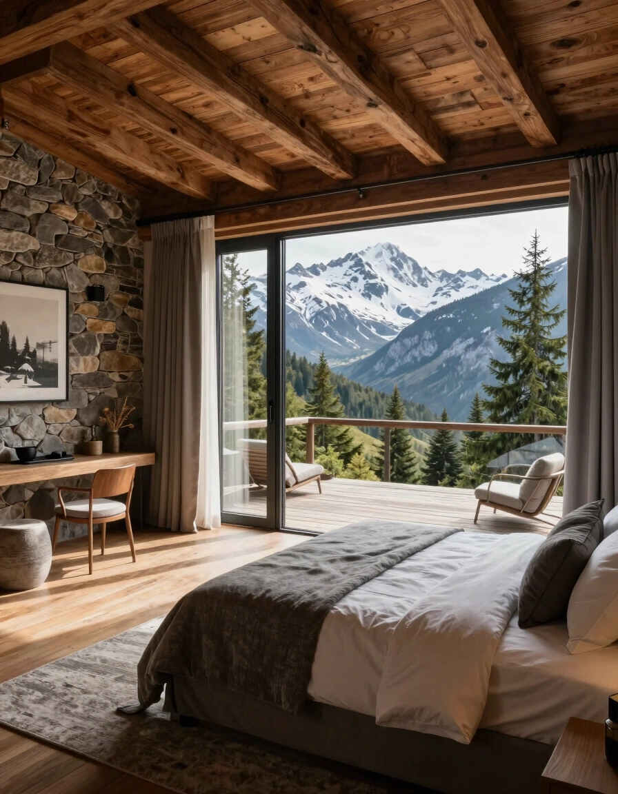 A peaceful mountain retreat bedroom with a large bed, stone wall, and wooden ceiling, surrounded by nature.