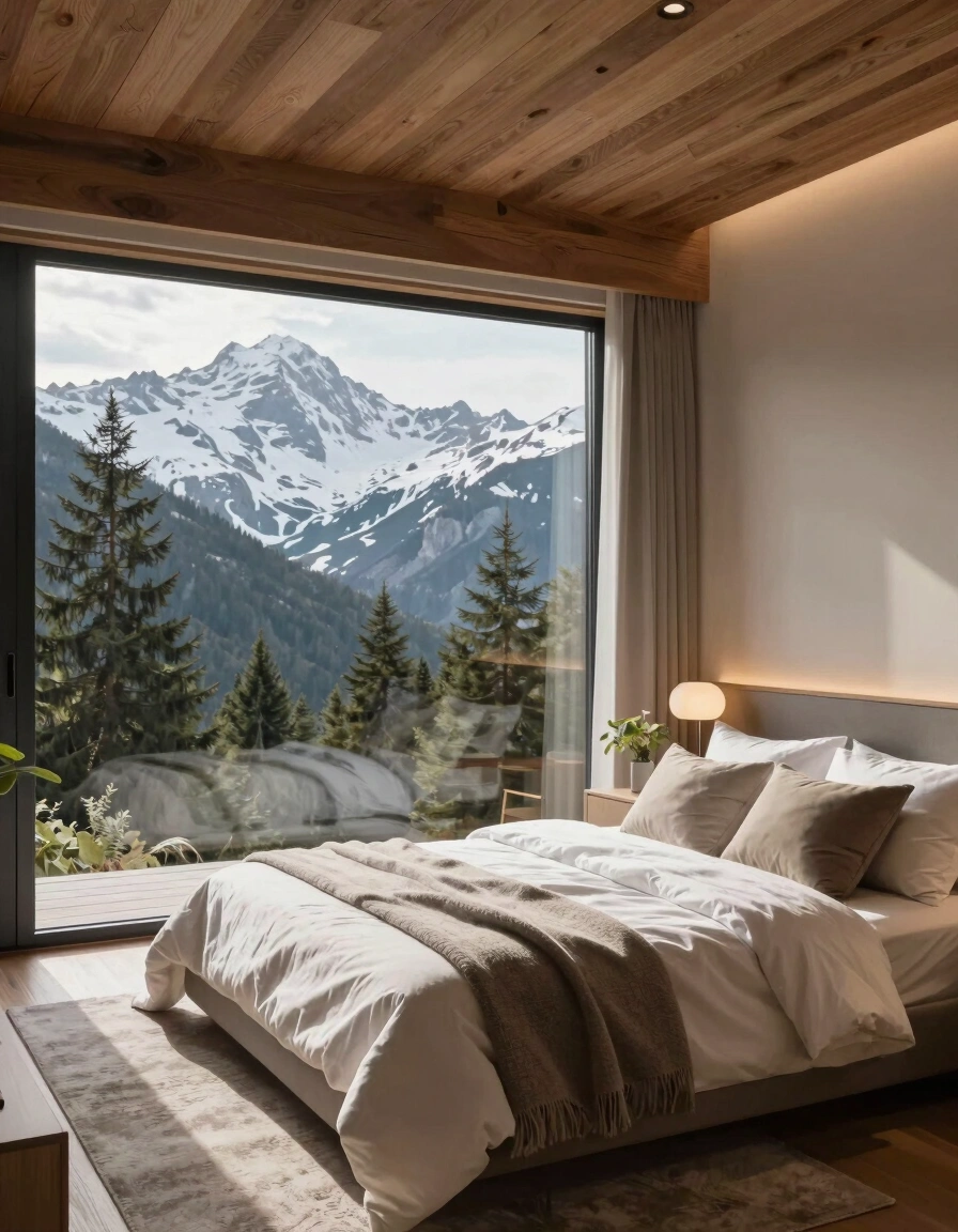 A cozy bedroom with a large window showing snow-capped mountains and evergreen trees, featuring a comfortable bed with white linens and a fur throw blanket.