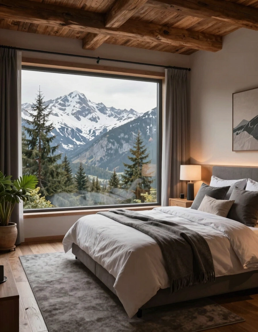 A serene bedroom with a large window showing snow-capped mountains and evergreen trees, a plush bed with white linens and gray throw blanket, and a wooden nightstand with a lamp.