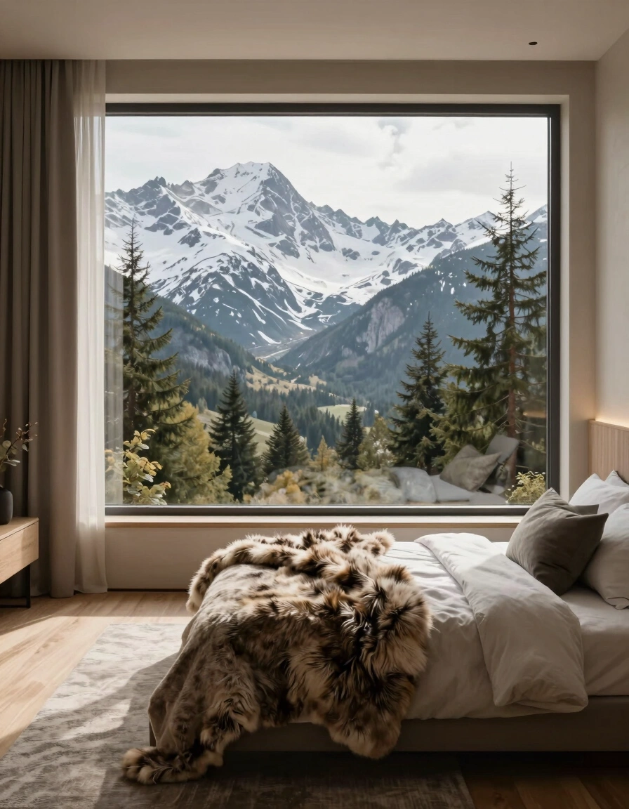 A cozy mountain bedroom with a large window, a bed with a fur throw, and a minimalist decor, surrounded by a peaceful atmosphere and natural beauty.