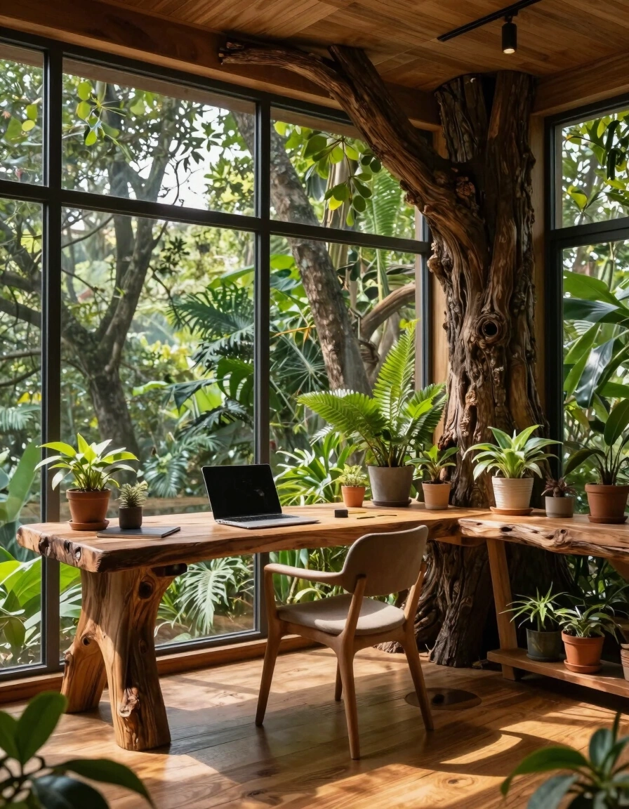A tranquil treehouse office with a wooden desk and chair, surrounded by greenery and natural light.