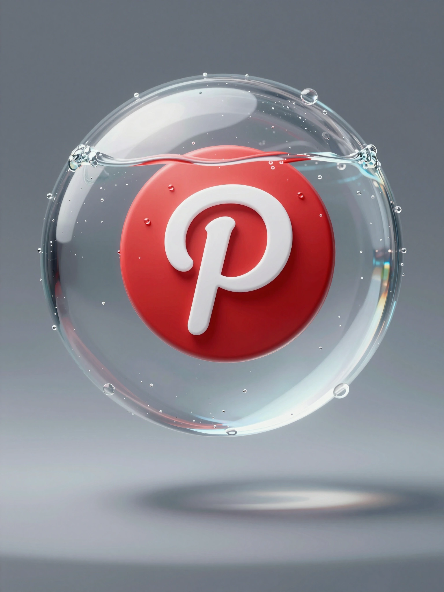 Pinterest logo inside a clear water sphere with realistic refraction and light bending effects.