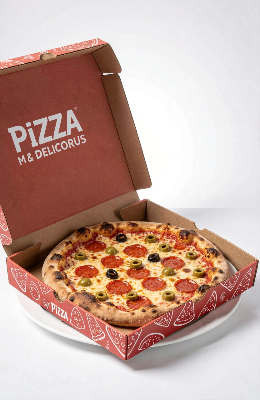 Red pizza box with white illustrations and a pepperoni and olive pizza inside, on a white background.