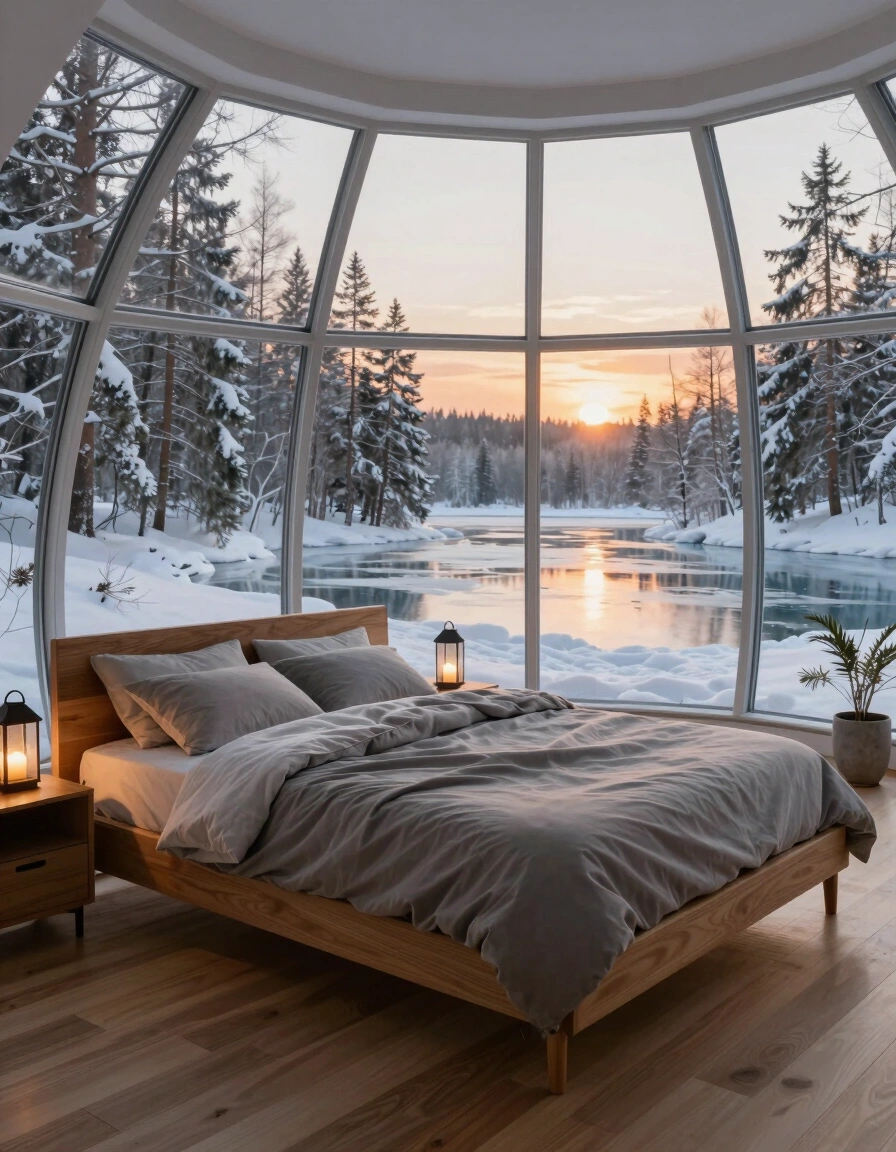 A cozy bedroom with a large dome window showing a snowy forest and frozen lake at sunset.