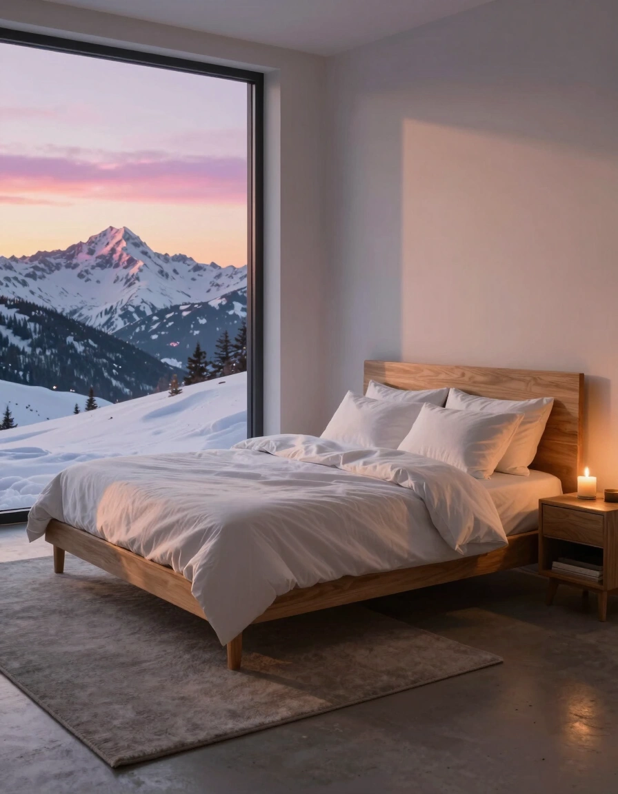 A cozy bedroom with a large window showing snow-covered mountains at sunset, a wooden bed with white bedding, and a lit candle on a nightstand.