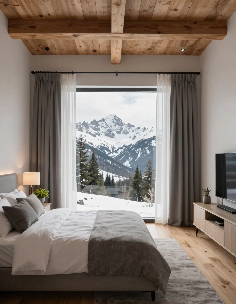 A peaceful bedroom with a large window showing snow-covered mountains and trees, minimalist decor, and a cozy atmosphere.