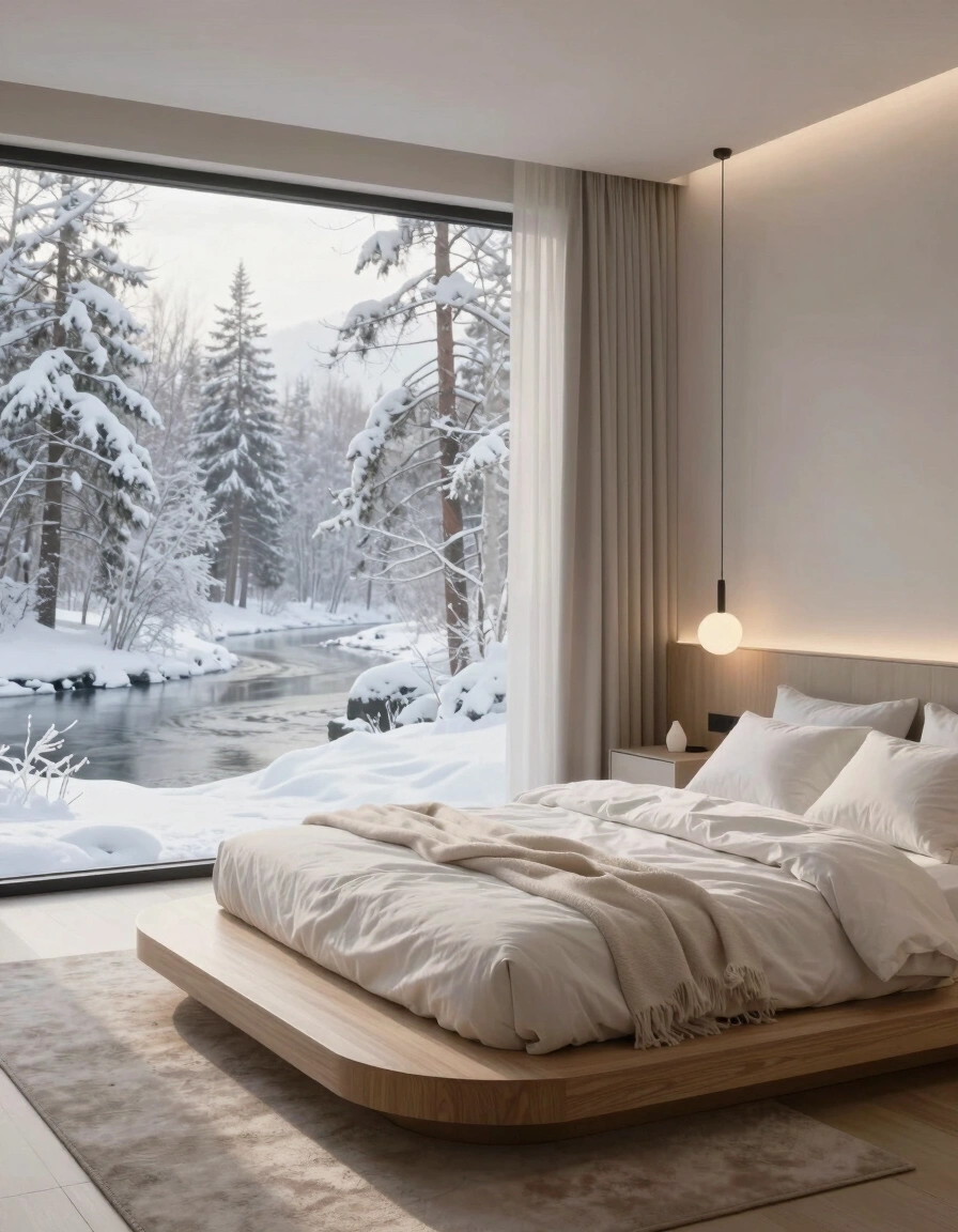 A peaceful bedroom with a round bed and large windows showing a snowy forest and river.