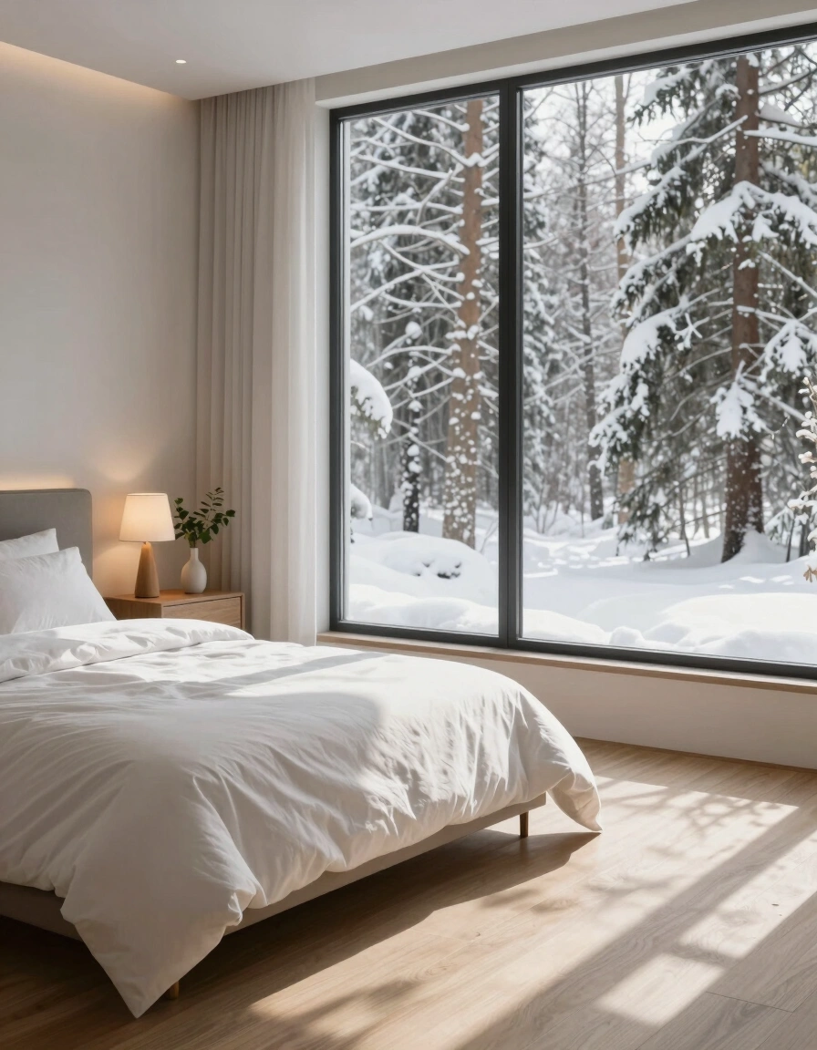 A peaceful bedroom with a large window showing a snowy forest, a white bed, and a small nightstand with a lamp and greenery.