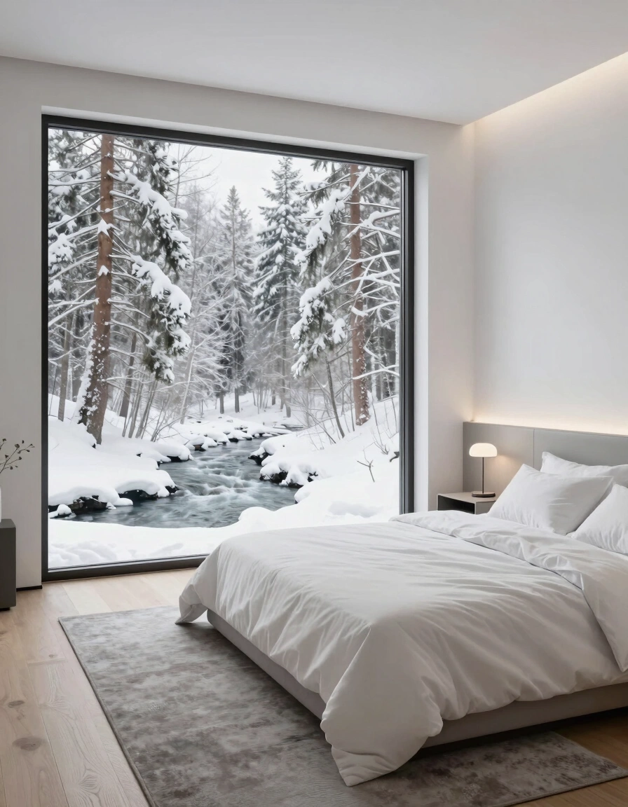 A serene bedroom with a large window showing a snowy forest and stream, featuring a circular bed and minimalist decor.