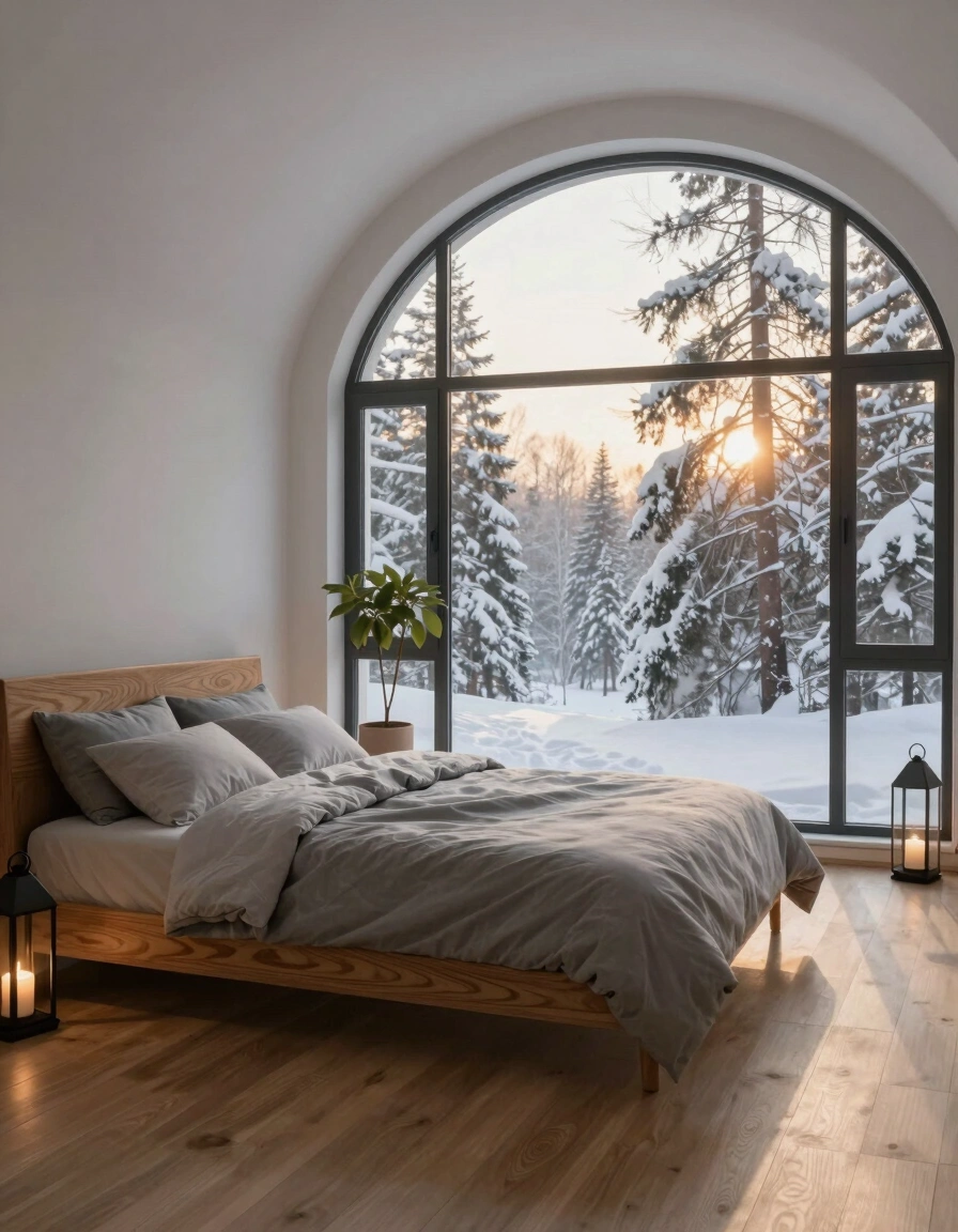 A peaceful bedroom scene with a large arched window, wooden bed, gray bedding, and lanterns, set amidst a serene snowy forest landscape.