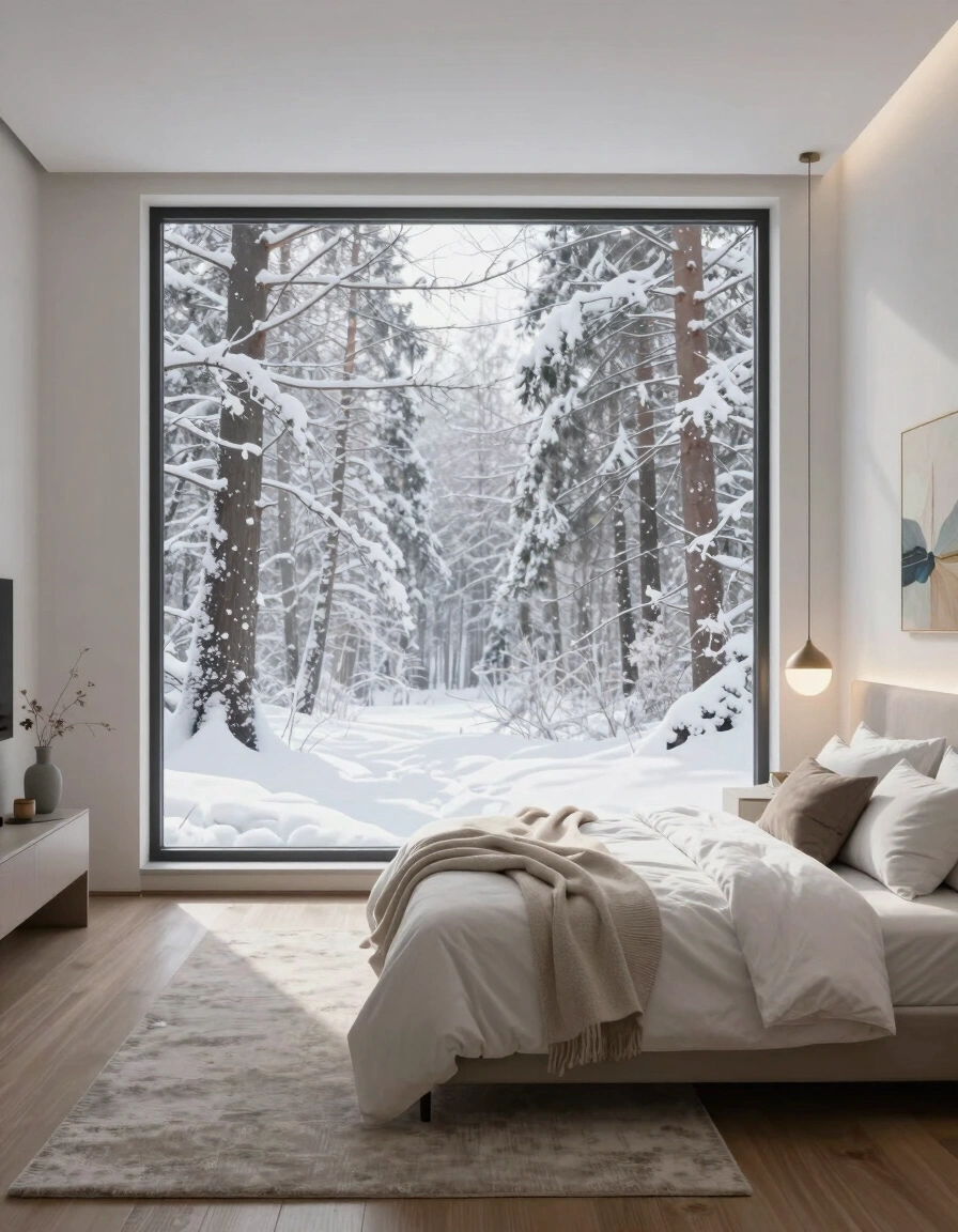 A peaceful bedroom with a large window showing snow-covered trees, a minimalist bed with white pillows and a beige blanket, and a small nightstand with a pendant light.