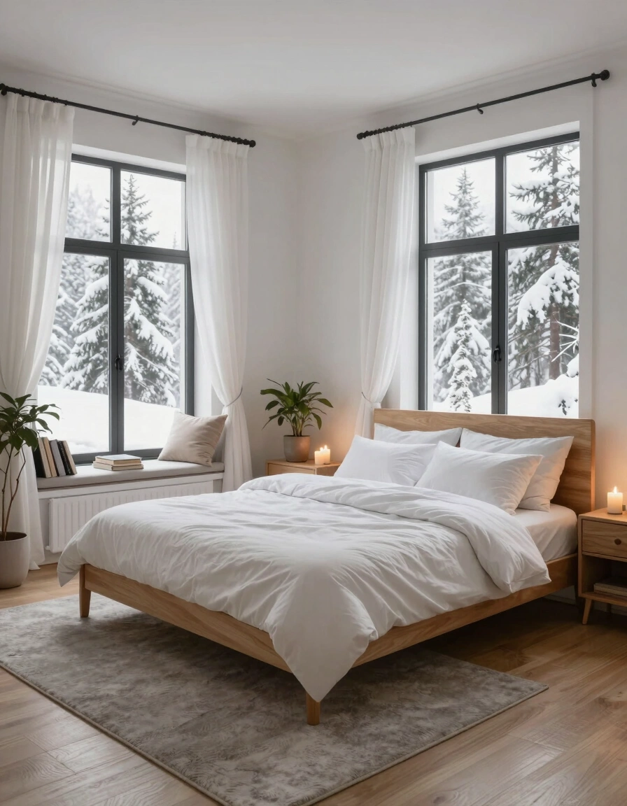 A serene bedroom with a wooden bed, white bedding, and large windows with a snowy view.